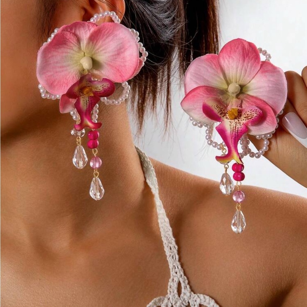 Vintage Large flower earrings
 Pink Orchid Earrings